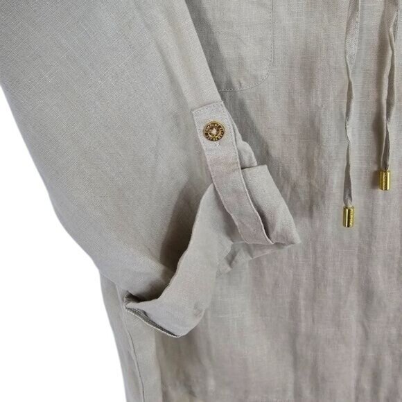 Ellen Tracy Linen High Low Tunic M Beige Lace-Up Relaxed Beachy Coastal Grandma - Picture 5 of 9